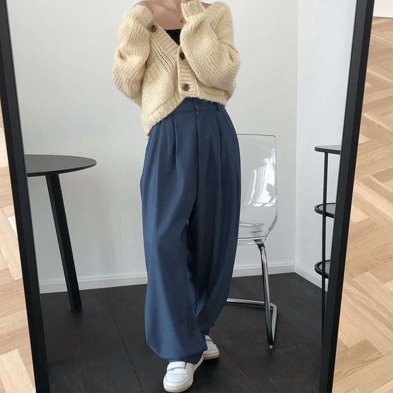 maoxiangshop Spring and Autumn Women's Casual Solid Color High Waist Loose Wide Leg Pants