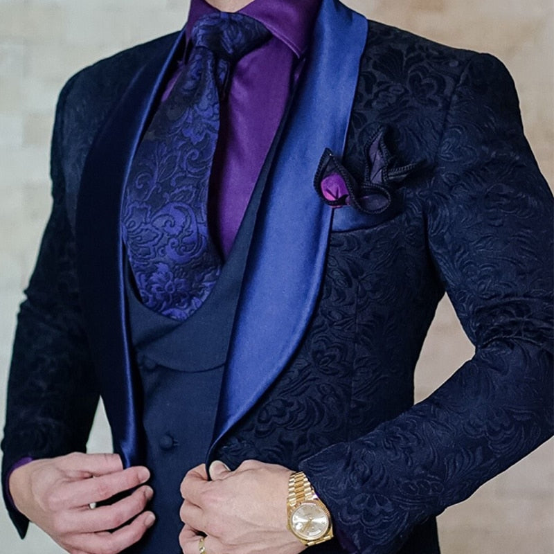 maoxiangshop Navy Blue Floral Jacquard Men Suits Slim Fit with Shawl Lapel 3 Piece Custom Wedding Tuxedo for Groomsmen Male Fashion Costume