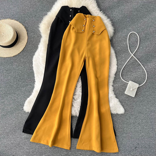 maoxiangshop Women Sprint Pants Solid Colar High Waist Slim Flare Pants Elegant Office Lady Yellow Black Full Length Casual Trousers