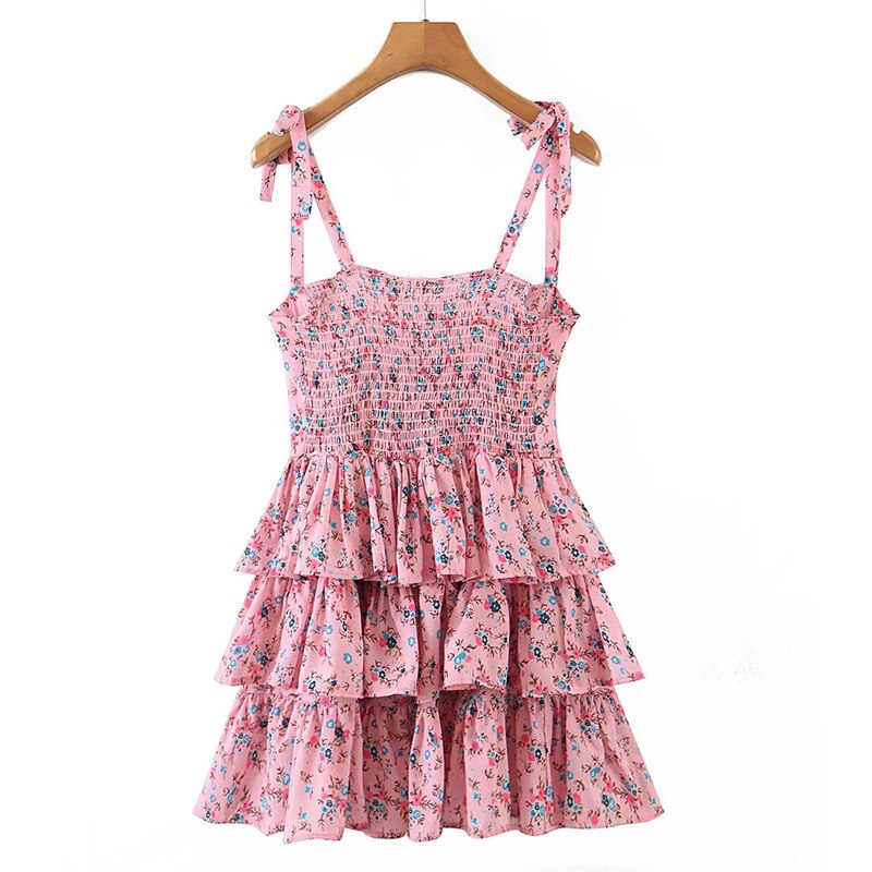 maoxiangshop Sweet Women Floral Print Sexy Sling Cake Dress Ladies Summer Holiday Chiffon Robe Short Vestido