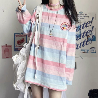 maoxiangshop Striped T-shirts Women Rainbow Japanese Style Kawaii Pink Loose Leisure BF Harajuku College Students Female Top Lady Comfortable