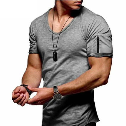 maoxiangshop New Summer Men's V Neck T Shirt Fitness Bodybuilding Tshirt High Street Short Sleeved Zipper Casual Cotton Top Plus Size S-5XL