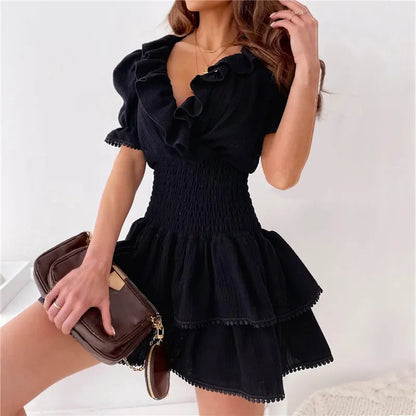 maoxiangshop Women's Warp V Neck Dress Short Puff Sleeve Solid Color Shirred High Waist Ruffle Mini Dress