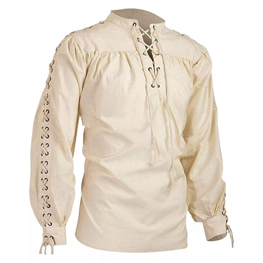 maoxiangshop Shirts Men Tunic Viking Pirate Costume Gothic Clothes Men Vintage Shirt Ruffle Neckline Drawstring Knight Cosplay Top