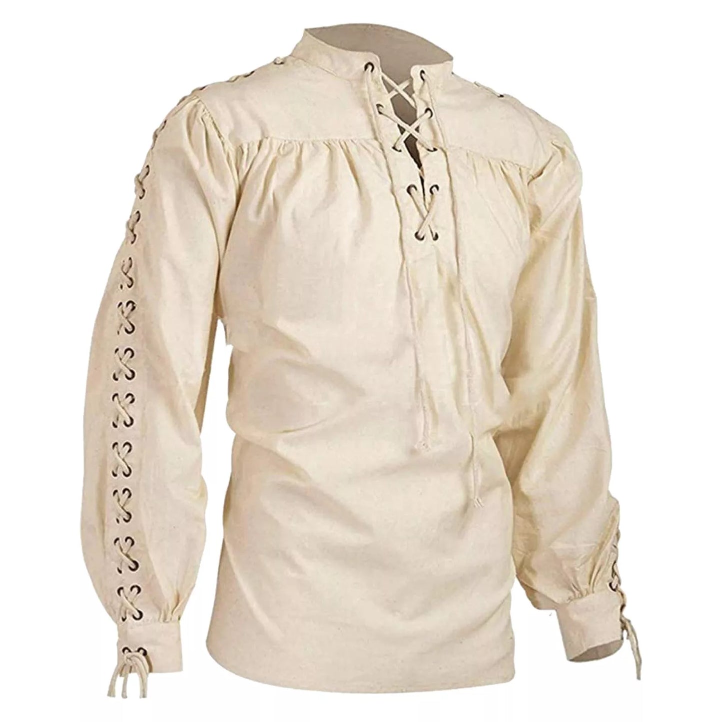 maoxiangshop Shirts Men Tunic Viking Pirate Costume Gothic Clothes Men Vintage Shirt Ruffle Neckline Drawstring Knight Cosplay Top