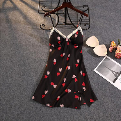 Print Sweetheart Spaghetti Strap Nightdress Sexy Side Splite Nightgown Sweet Bow Lace Trim Sleepwear Satin Casual Sleep Shirt