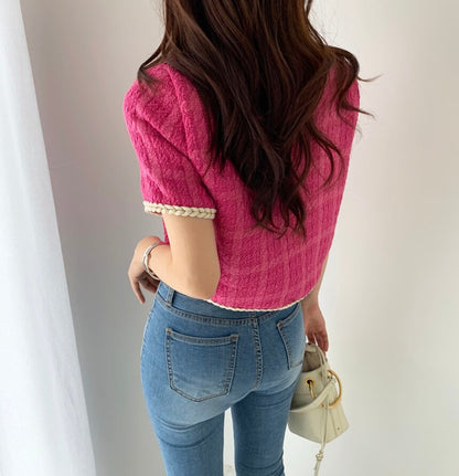 2023 Summer New Elegant Retro Short Korean Plaid Tweed Cardigan Women Fashion Short Sleeved Thin Short Jacket Female Elegant Top