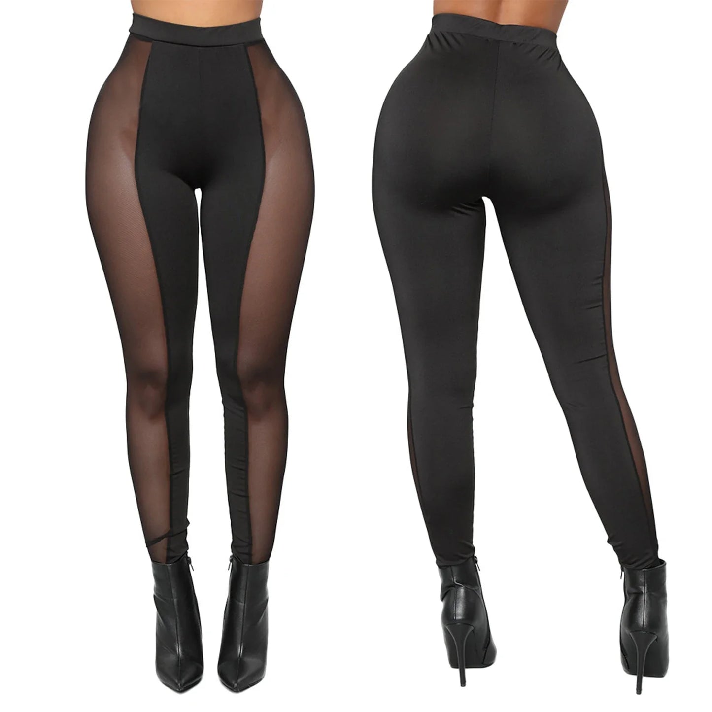 maoxiangshop Women High Waist Elastic Waistband Leggings Fitness Sportwear See-through Mesh Patchwork Skinny Pants Yoga