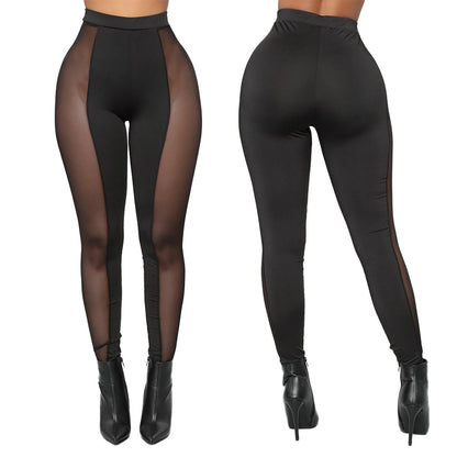 maoxiangshop Women High Waist Elastic Waistband Leggings Fitness Sportwear See-through Mesh Patchwork Skinny Pants Yoga