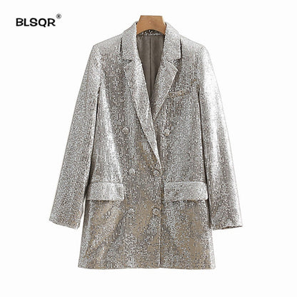 Women Geometric Pattern Sequined Blazer Feminino Shining Pockets Long Sleeve Outerwear Vintage Female Casual Tops