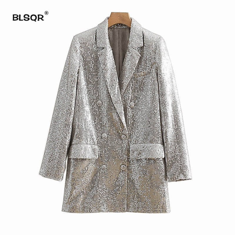 Women Geometric Pattern Sequined Blazer Feminino Shining Pockets Long Sleeve Outerwear Vintage Female Casual Tops