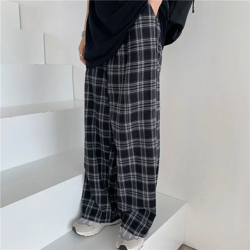 maoxiangshop Black and Pink Plaid Pants Oversize Women Pants High Waist Loose Wide Leg Trousers Ins Retro Teens Straight Trousers Streetwear