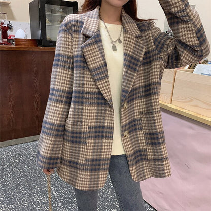 Y2K Elegant Autumn Winter Plaid Women Blazer Coat Causal Long Sleeve Tweed Coat Short Office Ladies Pocket Women Suit Blazer