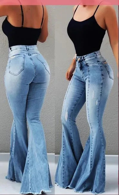 Spring Outfits High Waist Retro Flared Jeans For Women Slim Hip Lift Stretch Ripped Denim Wide Leg Pants Street Trendy Trousers S-2XL 2022 New