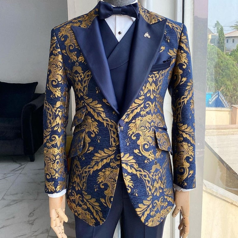 maoxiangshop Floral Jacquard Tuxedo Suits for Men Wedding Slim Fit Navy Blue and Gold Gentleman Jacket with Vest Pant 3 Piece Male Costume