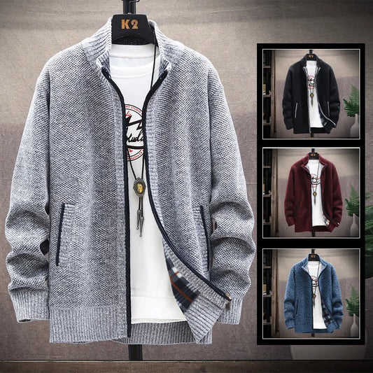 maoxiangshop Men's Winter Sweater Zipper Cardigan Korean Autumn Fleece Thick Warm Artificial Fur Wool Coat Male Jumpers Knitted Cold Jacket