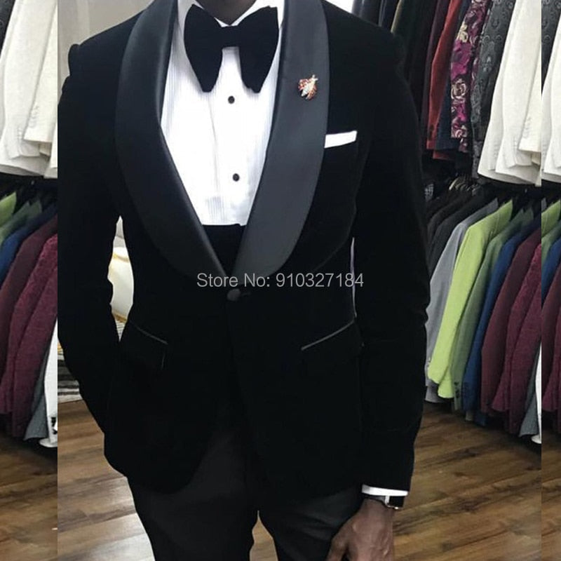 maoxiangshop Black Velvet Wedding Tuxedo 3 Piece African Men Suits for Winter Slim Fit Groom Male Fashion Costume Jacket Waistcoat with Pants