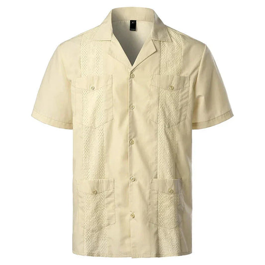 maoxiangshop Men's Traditional Cuban Camp Collar Guayabera Shirt Short Sleeve Embroidered Mexican Caribbean Style Beach Shirt with 4 Pocket