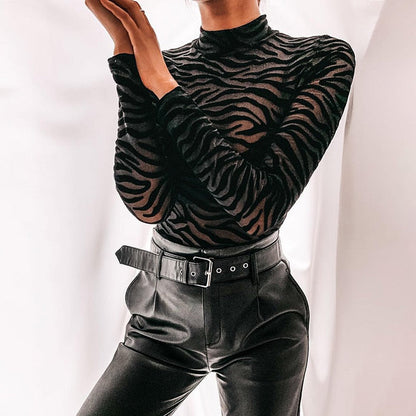 maoxiangshop Black Mesh Transparent Sexy Bodysuit Long Sleeve Slim Skinny Stripe Mock Neck Casual Rompers Women Lady Party Club Body