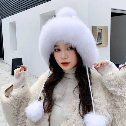maoxiangshop  -  Winter Rabbit Fur Bomber Hat Knitted Warm Fleece Beanie Hat Outdoor Coldproof Pom Pom Bonnet Thicken Windproof Caps With Earmuff