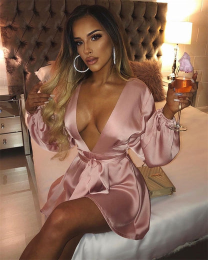 Townlike Pink Satin Autumn Summer Dress Women Long Lantern Sleeve Mini Bodycon Dress Backless Night Club Sexy Dresses Vestidos