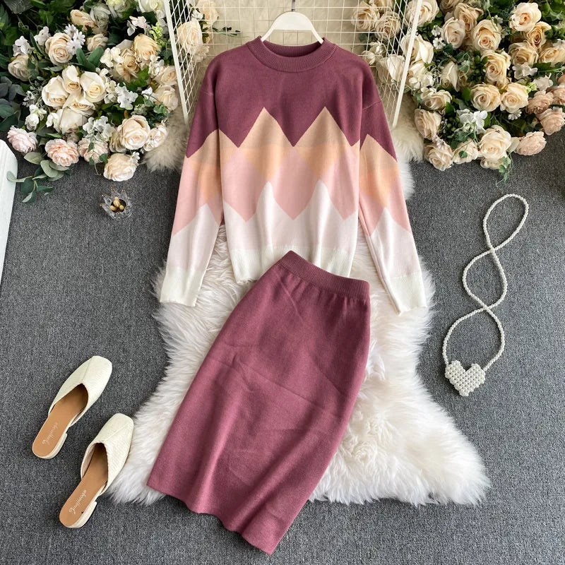 Women's Knitted Sets 2021 New Spring O-neck Geometric Palid Loose Pullover Sweater Tops And Long Pencil Skirt Two Piece Set