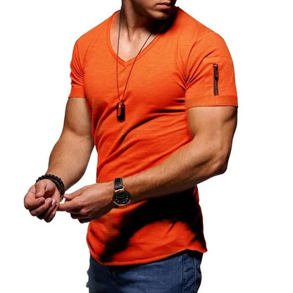 maoxiangshop New Summer Men's V Neck T Shirt Fitness Bodybuilding Tshirt High Street Short Sleeved Zipper Casual Cotton Top Plus Size S-5XL