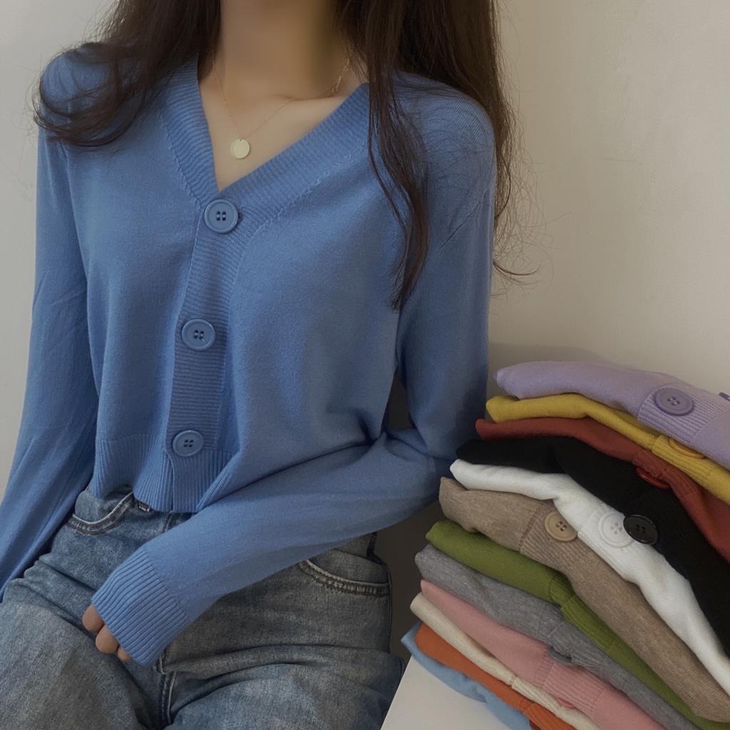 ladies button V-neck pullover sweater women's fall winter outer solid color cardigan long-sleeved short knitted tops