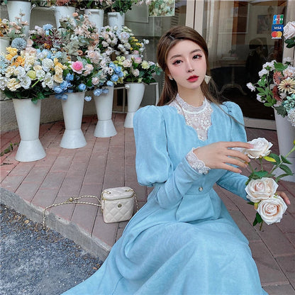 maoxiangshop Solid Elegant Dress Women Winter Patchwork Lace Party Midi Dress Female Casual French Style Sweet Kawaii Korean Dress Women