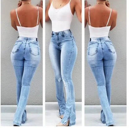 Spring Outfits High Waist Retro Flared Jeans For Women Slim Hip Lift Stretch Ripped Denim Wide Leg Pants Street Trendy Trousers S-2XL 2022 New