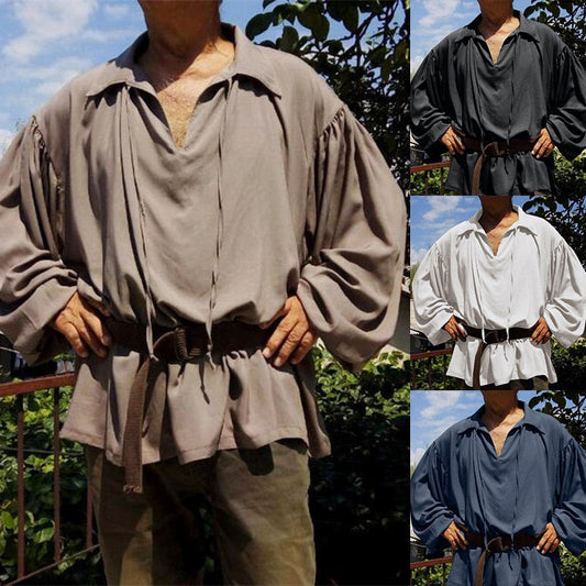 maoxiangshop Adult Men Larp Pirate Shirt Tops Medieval Renaissance Lacing Up Bandage Vintage Costume Fluffy Sleeve Blouse Vampire  Cosplay
