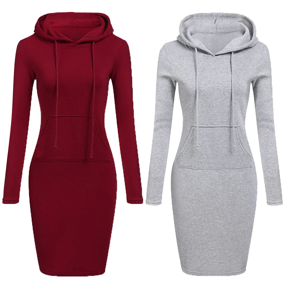 maoxiangshop Women Hoodies Winter Dresses Women Solid Color Long Sleeve Sweatshirts Bodycon Autumn Dress Women Robe Femme Knee Length Dress