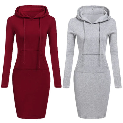 maoxiangshop Women Hoodies Winter Dresses Women Solid Color Long Sleeve Sweatshirts Bodycon Autumn Dress Women Robe Femme Knee Length Dress