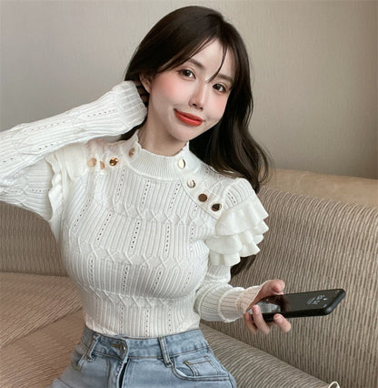 maoxiangshop Full Sleeve Turtleneck Buttons Sweater Jumpers Girls Stretchy Chic Ruffles Autumn Spring Sweaters Pullovers Tops Women
