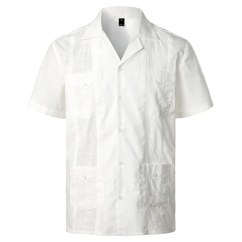 maoxiangshop Men's Traditional Cuban Camp Collar Guayabera Shirt Short Sleeve Embroidered Mexican Caribbean Style Beach Shirt with 4 Pocket