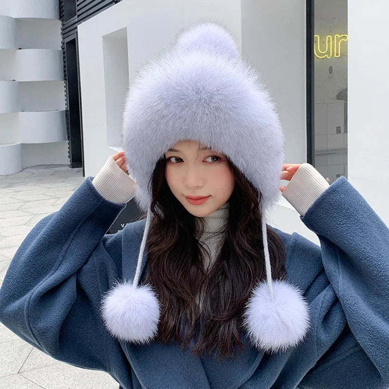 maoxiangshop  -  Winter Rabbit Fur Bomber Hat Knitted Warm Fleece Beanie Hat Outdoor Coldproof Pom Pom Bonnet Thicken Windproof Caps With Earmuff