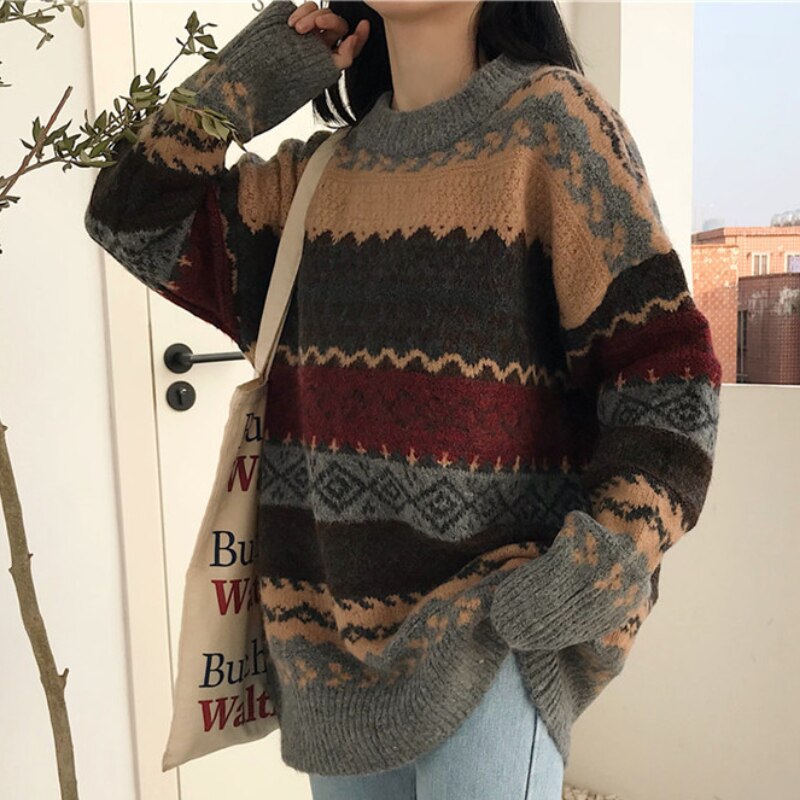 Winter Knitted Sweater Women Argyle Pullover Casual Loose Striped Sweater Vintage Chic Jumper Women Coat Long Sleeve Pull Femme