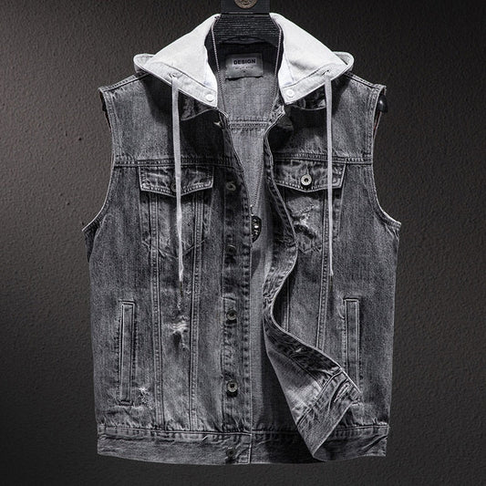 maoxiangshop Plus size Short Denim Vest men Detachable Hooded Coat Spring summer Side pockets Sleeveless Jeans Jacket Men's Tops-4XL