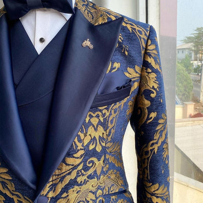 maoxiangshop Floral Jacquard Tuxedo Suits for Men Wedding Slim Fit Navy Blue and Gold Gentleman Jacket with Vest Pant 3 Piece Male Costume