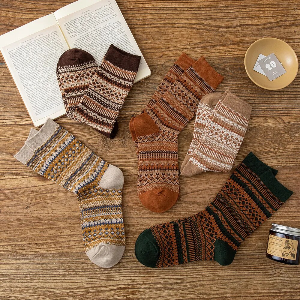 maoxiangshop 1 Pair Women Socks Spring Autumn Retro Style Men Couple Cotton Socks National Wind Stripes Pattern Khaki Solid Color Socks