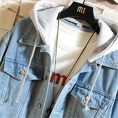 maoxiangshop Denim Jacket Men Hooded Casual Men Jean Jackets Streetwear Solid Color Turn Down Collar Denim Coats Men Jacktes Hat Detachable