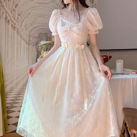 maoxiangshop Elegant Princess Dress Women Vintage Lace-up Party Long Fairy Dresses for Women Spring Victorian Wedding Midi Dress Korean