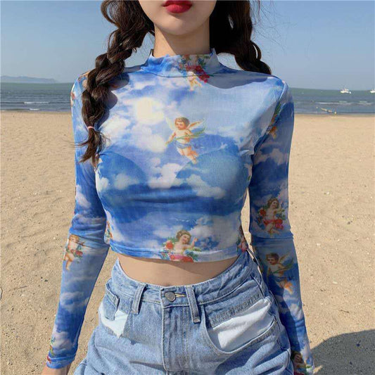 maoxiangshop Angel Print Sheer Blue Black Mesh Long Sleeve Blouse Shirts Women Spring Summer Pullovers Elegant Sexy See Through Tops