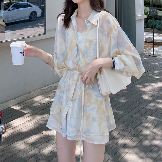 maoxiangshop 2 Pieces Sets Women Outfits Summer Sun-proof Chiffon All-match Tie Dye Loose Casual Shorts Street Ulzzang Fashion College Daily