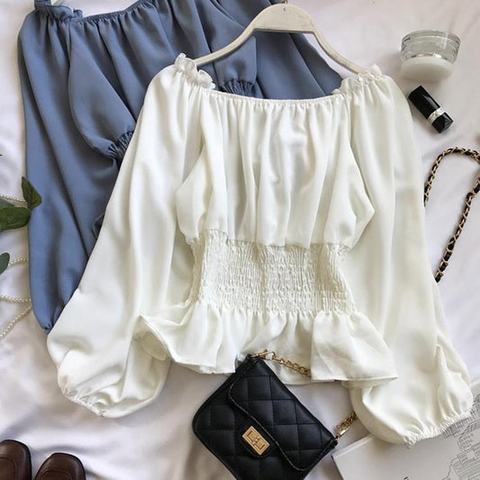 maoxiangshop Youth Elegant Blouse Women Chiffon Fashion Blouse Off Shoulder White Shirt Ruffle Puff Sleeve Top Office wear