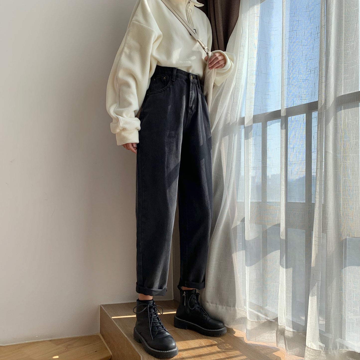 Jeans Women Black Straight Vintage Washed Long Trousers Street Wear All-match Baggy Autumn Fashion Ulzzang Leisure Teens Retro