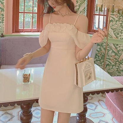 maoxiangshop Strap Mini Vintage Kawaii Dress Women French Elegant Sexy Off Shoulder Dresses Korean Sweet Ruffle Slim Dresses for Casual