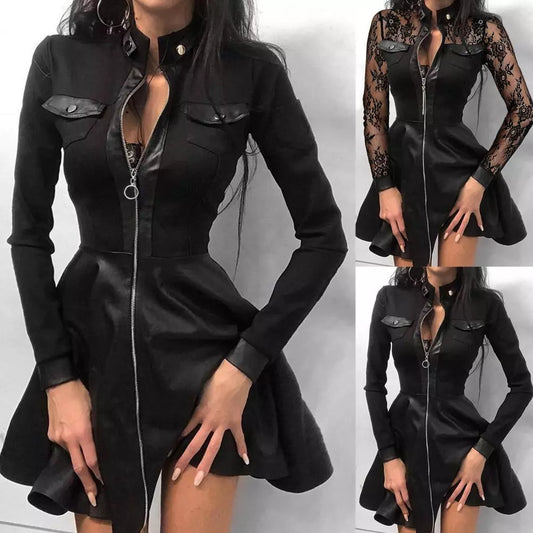 maoxiangshop Women Long Sleeve Zipper Pocket Large Hem Faux Leather Lace Mini Dress Women's Clothing Elegant Fashion Party Dress vestidos 5XL