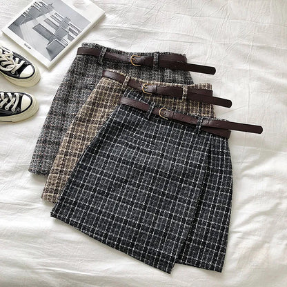 maoxiangshop Korean Irregular Lady Skirt Female Autumn Sweet High Waist A-line Mini Skirt Belt Vintage Casual Women Plaid Skirt Sashes