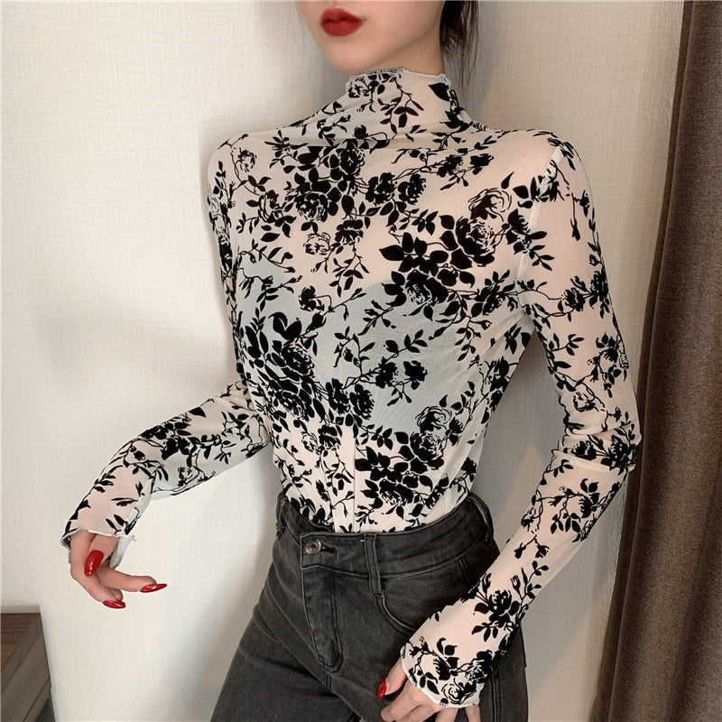 maoxiangshop Girls Transparent Corduroy Printing Mesh T-Shirts Tees Female Turtleneck Full Sleeve Tshirt Tops For Women